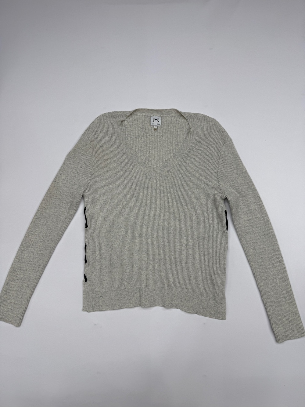 John + Jenn Gray V-Neck Ribbed Pullover Sweater with Black Lace Up Sides